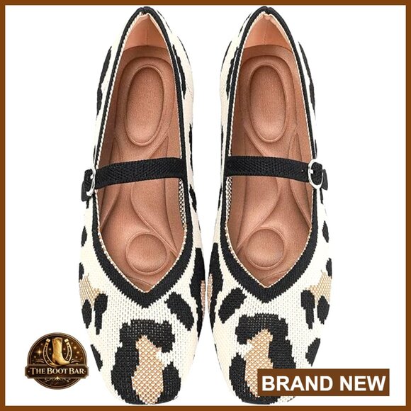 Shoes - Knit Ballet Flats with Adjustable Ankle Strap Square Toe Washable